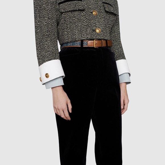 NEW GUCCI BELT 678694 GG LOGO DENIM CANVAS BROWN LEATHER BUCKLE 80 cm 32 In - Picture 2 of 8